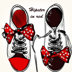 Background with vector hand drawn sport boots with bows
