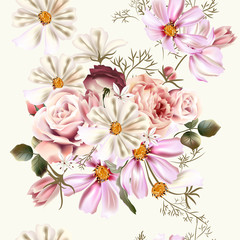 Floral seamless vector pattern with flowers in watercolor style