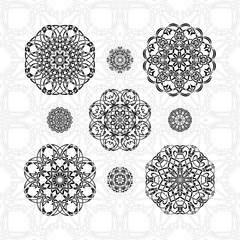 Black and white abstract circular pattern mandala. Set 9