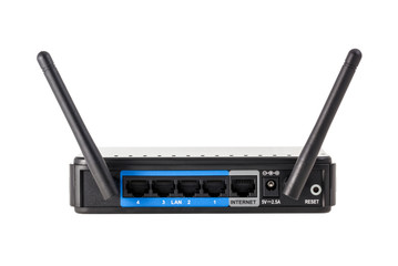 Electronic collection - black wireless internet network wi-fi router isolated on white background
