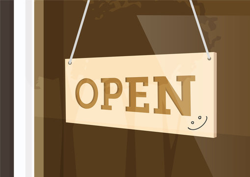 Open hanging sign with smiley facer