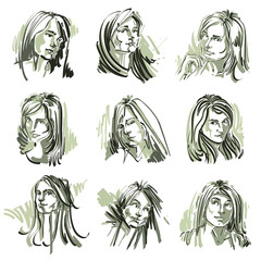 Set of monochrome vector portraits of beautiful women 