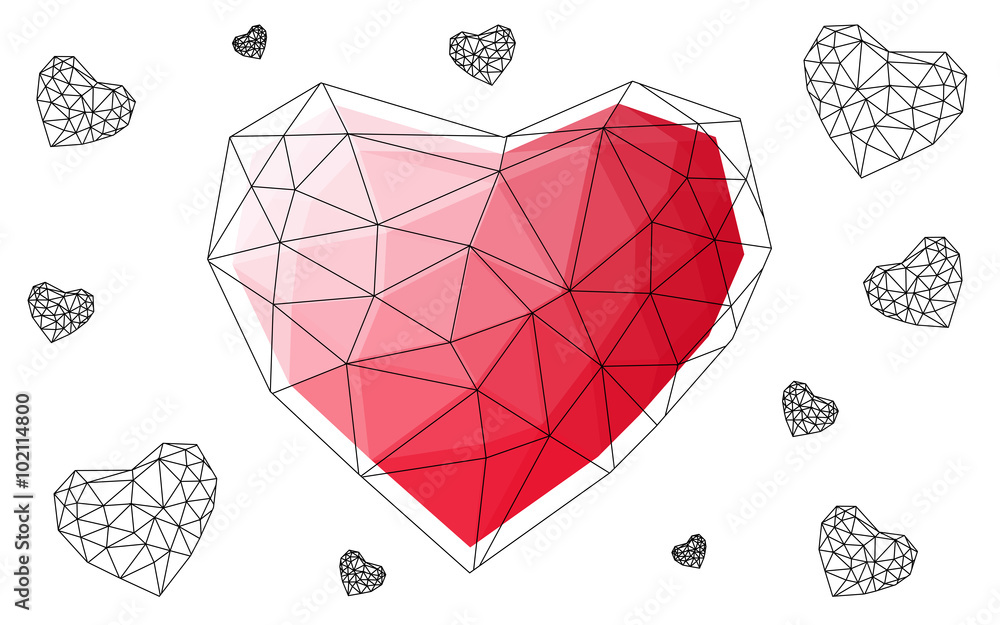 Poster light red heart isolated on white background with pattern consisting of triangles.
