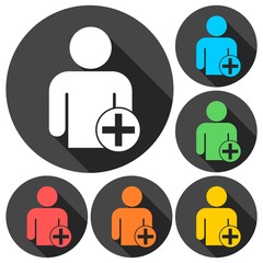 User profile sign with plus glyph web icons set long shadow