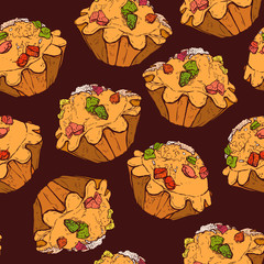 Cotton fabric bright seamless pattern made with cupcakes and coffee beans on the brown background