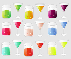 set of glasses with alcoholic and soft drinks