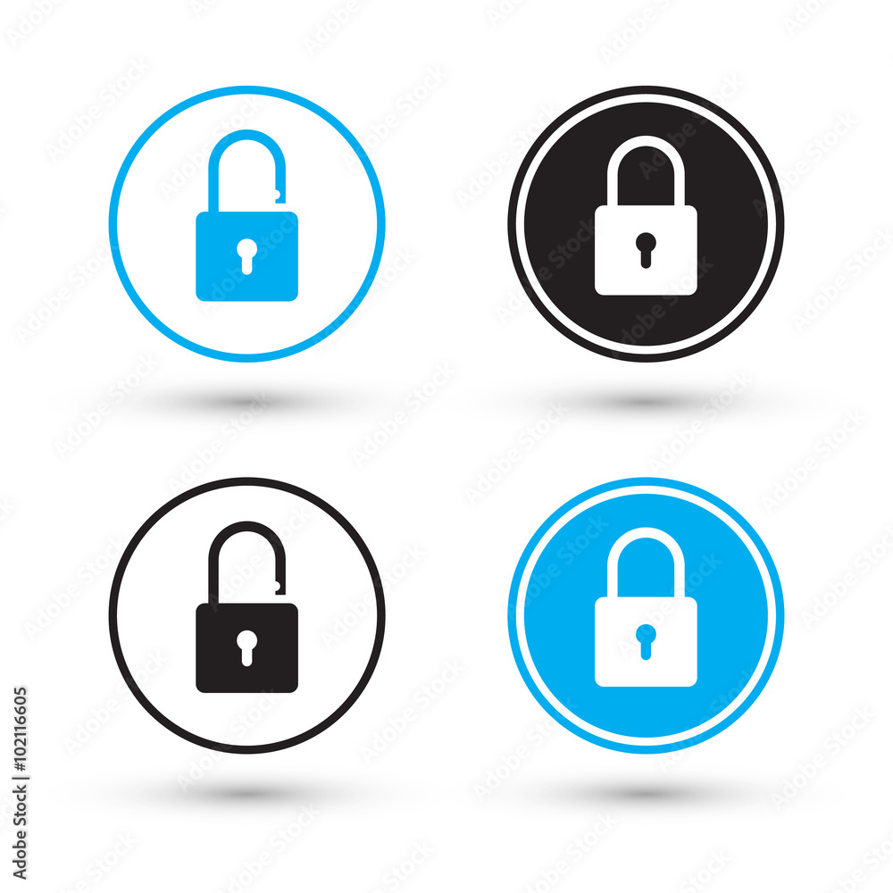 Poster Flat padlock icons. Padlock buttons. Lock and unlock. Concept password, blocking, security. Lock symbol. Lock vector icon. Vector illustration.