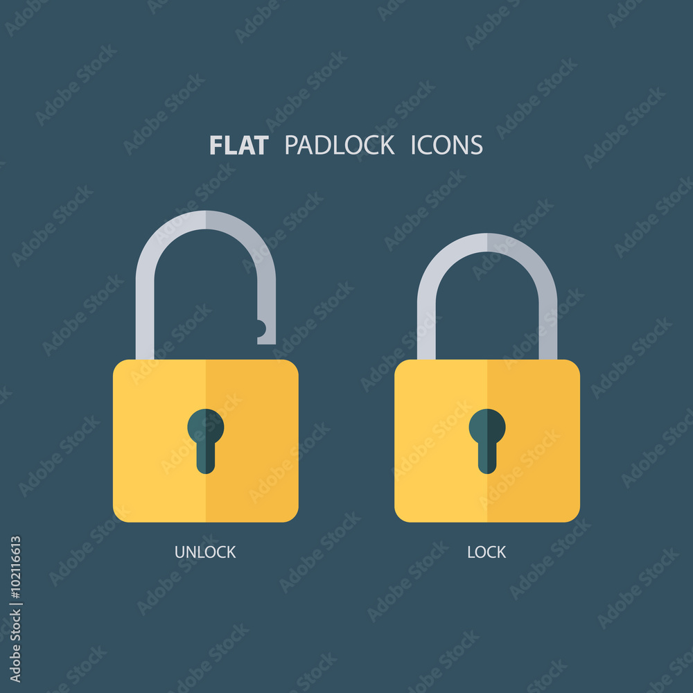 Poster Flat padlock icons. Lock and unlock. Concept password, blocking, security. Lock symbol. Lock vector icon. Vector illustration.