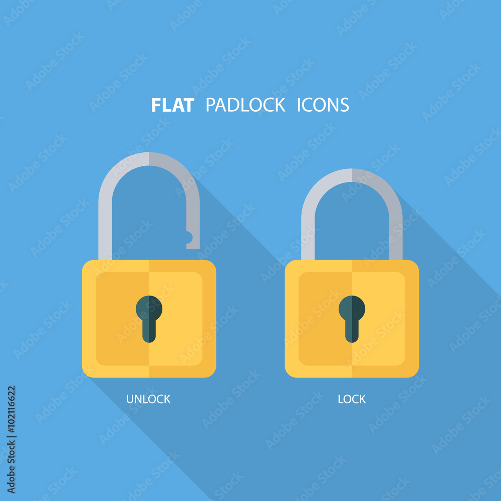 Poster Flat padlock icons. Lock and unlock. Concept password, blocking, security. Lock symbol. Lock vector icon. Vector illustration.