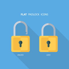 Flat padlock icons. Lock and unlock. Concept password, blocking, security. Lock symbol. Lock vector icon. Vector illustration.