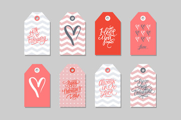 Collection of Happy Valentines day gift tags. Set of hand drawn holiday label in red, pink, white and grey. Romantic badge design. Vector illustration.