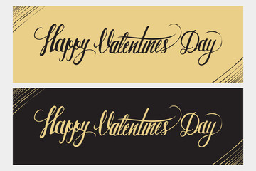 Happy Valentine day hand lettering. Greeting card. Hand drawn card design. Handmade calligraphy. Black and gold color. Vector illustration.