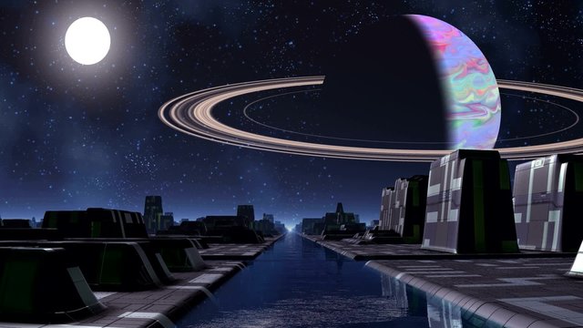 City of aliens, river and a planet. The river flows to the horizon. Along the banks the strange structure. In the night sky bright stars, nebulae, bright moon and a huge planet surrounded by rings.