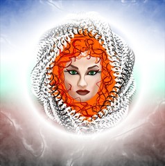 Bewitching woman with red hair and green eyes. Abstract drawing.