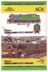 BEQUIA - CIRCA 1985: A stamp printed in Grenadines of St. Vincent shows Baltic Train 4-6-4T, 1922 U.K., circa 1985