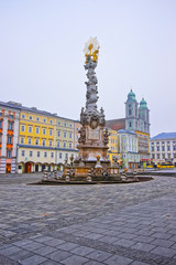 Street view of Trinity Column in Hauptplatz in Linz in Austria