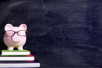 Piggy bank or piggybank wearing glasses with school classroom blackboard in the background college...