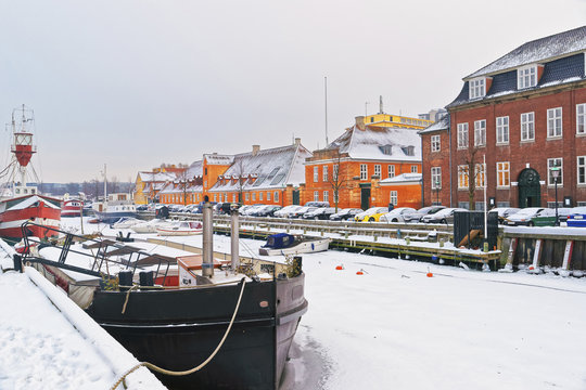 Colored facades along Nyhavn in Copenhagen in Denmark in winter