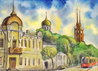 tram on the street of the old town. Building, architecture, Cathedral in the Gothic style, the Church. Watercolor painting