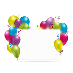 White paper banner with colorful balloons and ribbons. Vector illustration.