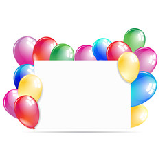 White paper banner with colorful balloons. Vector illustration.