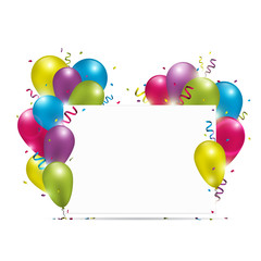 White paper banner with colorful balloons, ribbons and confetti. Vector illustration.