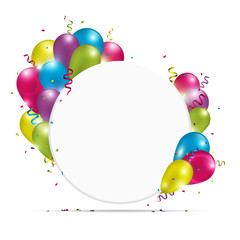 White round paper banner with colorful balloons, ribbons and confetti. Vector illustration.