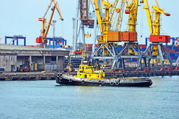 Tugboat and port cargo crane