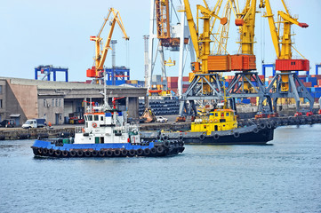 Tugboat and port cargo crane