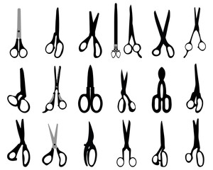 Black silhouettes of different scissors, vector illustration