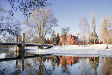 View of the Kholmskie gate of the Brest fortress from the opposite bank of the river Mukhavets,...