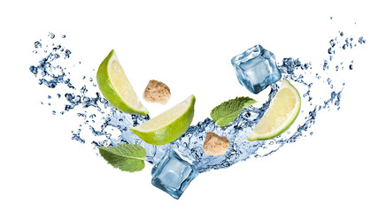 ingredients of mohito cocktail with water splash