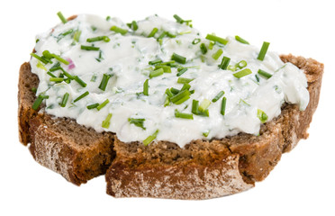 Slice of Bread with Herb Curd on white