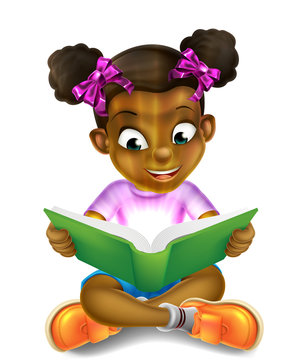 Cartoon Little Girl Reading Amazing Book