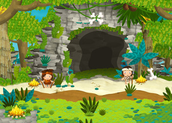Cavemen near the cave - guards and shaman - illustration for the children