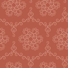 Seamless lace pattern. Vintage swirl texture. Spiral floral snowflakes. Twist ornament of laurel leaves. Light on dark orange, terracotta background. Winter, coffee, chocolate, nostalgia theme. Vector