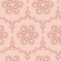 Seamless lace pattern. Vintage swirl texture. Spiral floral snowflakes. Twist ornament of laurel leaves. Dark figures on light orange, terracotta background. Winter, coffee, chocolate, nostalgia theme
