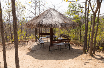 wooden bench in gazebo on the hill in forest