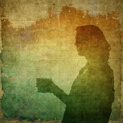 Profile of young woman with cup drink tea or coffee.