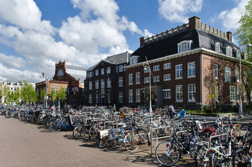 Many bicycles parked in front of the traditional buildings in Am