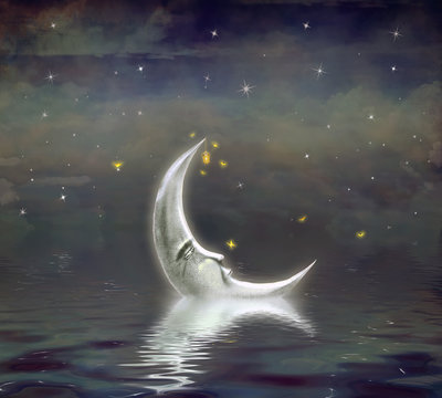 The moon is reflected in  wavy water