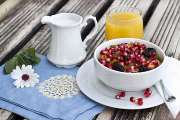 Healthy breakfast concept with cereal, milk and orange juice 