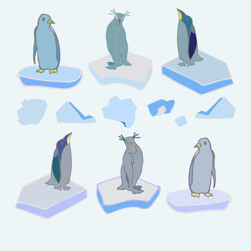 The penguins on ice floes. Vector. Christmas 