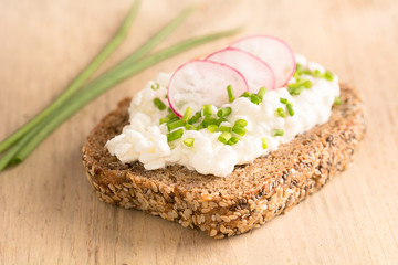 Eine Scheibe Brot bestrichen mit Cottage Cheese, Schnittlauch und Radieschen