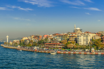 Fototapeta premium the Asian part of Istanbul, the Uskudar shore, the view from the water, Istanbul, Turkey.