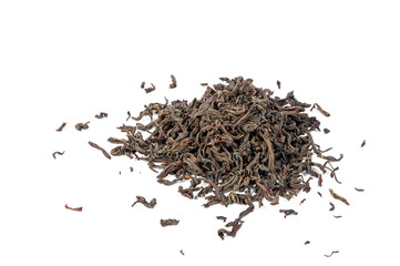 Dry black tea leaves isolated on white background