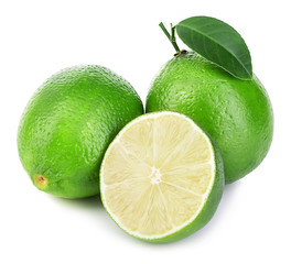 Lime. Whole lime with slices isolated on white background.