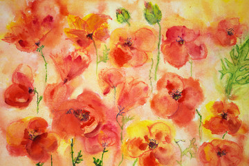 Several poppies and some green buds. The dabbing technique gives a soft focus effect due to the altered surface roughness of the paper.