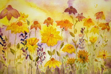 Coneflowers, marigold and lavender. The dabbing technique gives a soft focus effect due to the altered surface roughness of the paper.