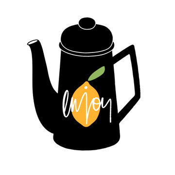 Fototapeta Hand drawn teapot with lemon. Raster illustration on the white background with hand lettering
